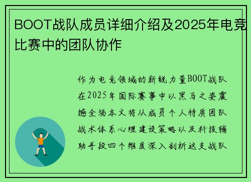 BOOT战队成员详细介绍及2025年电竞比赛中的团队协作