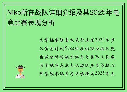 Niko所在战队详细介绍及其2025年电竞比赛表现分析